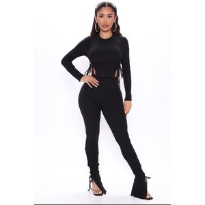 Black Ruched Long Sleeve Pants SET